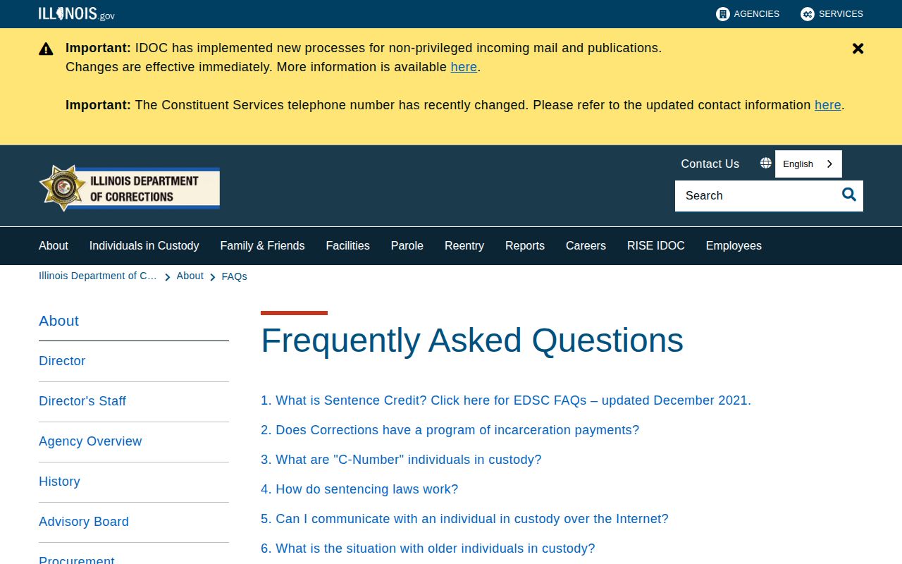 Illinois Department of Corrections FAQ on projected release and sentence credits
