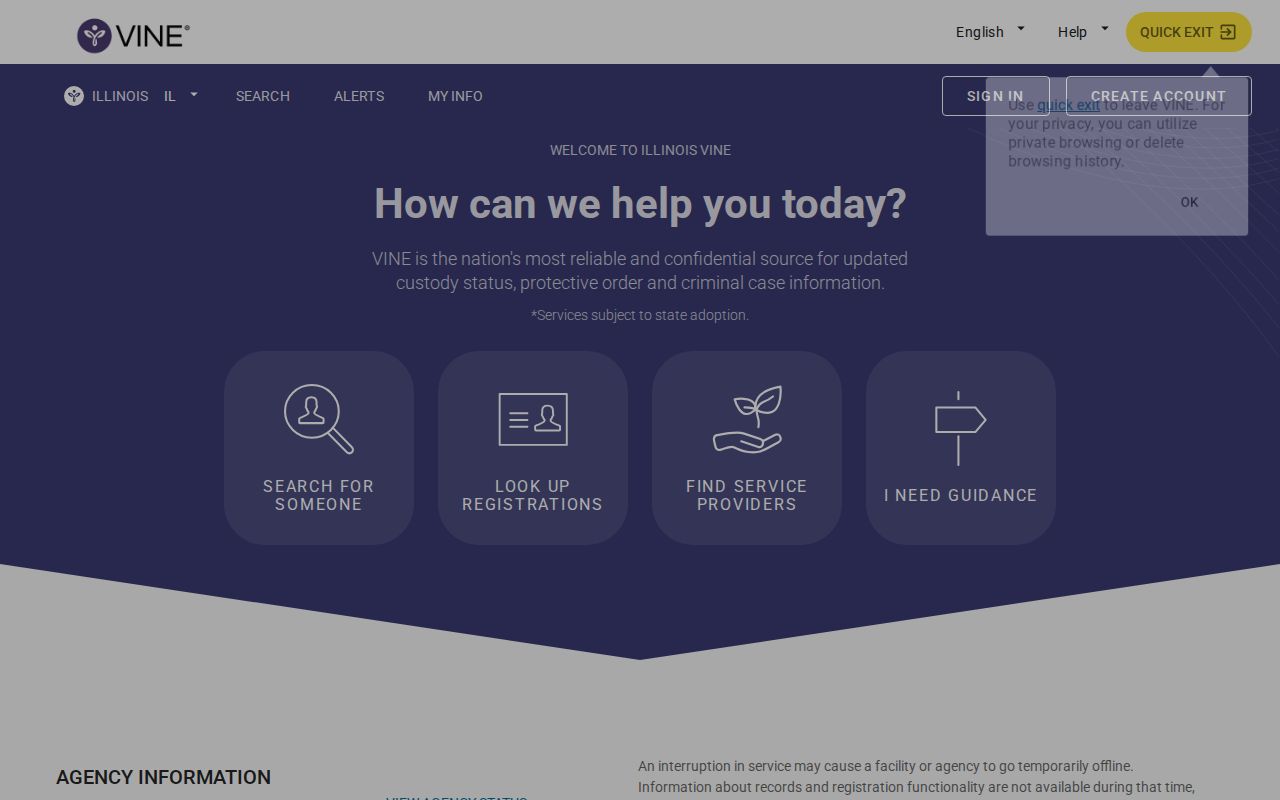 Illinois VINE search portal for Livingston County custody notifications